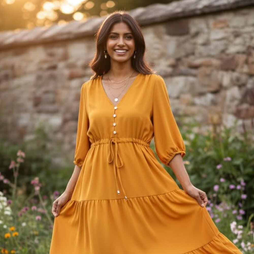 NWOT Boho Chic Mustard yellow-orange Smocked Waist Flowy Dress Puff Sleeves M/L